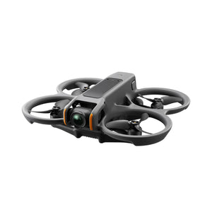 DJI Avata 2 FPV drone with gray and black body, four propeller arms, central camera with orange accents, and control module on white background