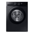 Samsung Series 5 black washing machine with 9kg capacity, front-loading design, digital display showing 12:27, control panel with dial and buttons, and stainless steel drum visible through large circular glass door