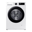 Samsung Series 5 AI Energy 11kg washing machine in white with black trim, featuring a large circular glass door, digital display panel with touch controls and rotary dial, front-loading design, and SpaceMax technology