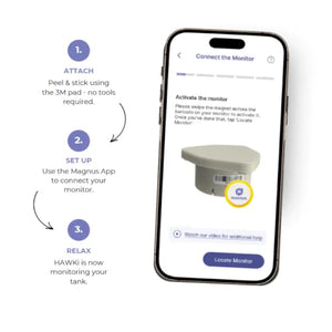 Setup instructions for Magnus HAWKi smart oil tank monitor showing three steps on smartphone display: attach beige wireless sensor with 3M pad, set up via Magnus App, and activate monitoring with yellow activation button visible on device