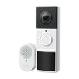 TP-Link Tapo 2K wireless video doorbell camera in white and black with 160-degree ultra-wide FOV lens mounted on wall, shown alongside white Tapo chime speaker with perforated grille and green status indicator