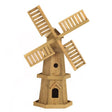 Wooden garden windmill with four rotating slat blades and two entrance holes, crafted from natural light wood in a traditional Dutch windmill style design