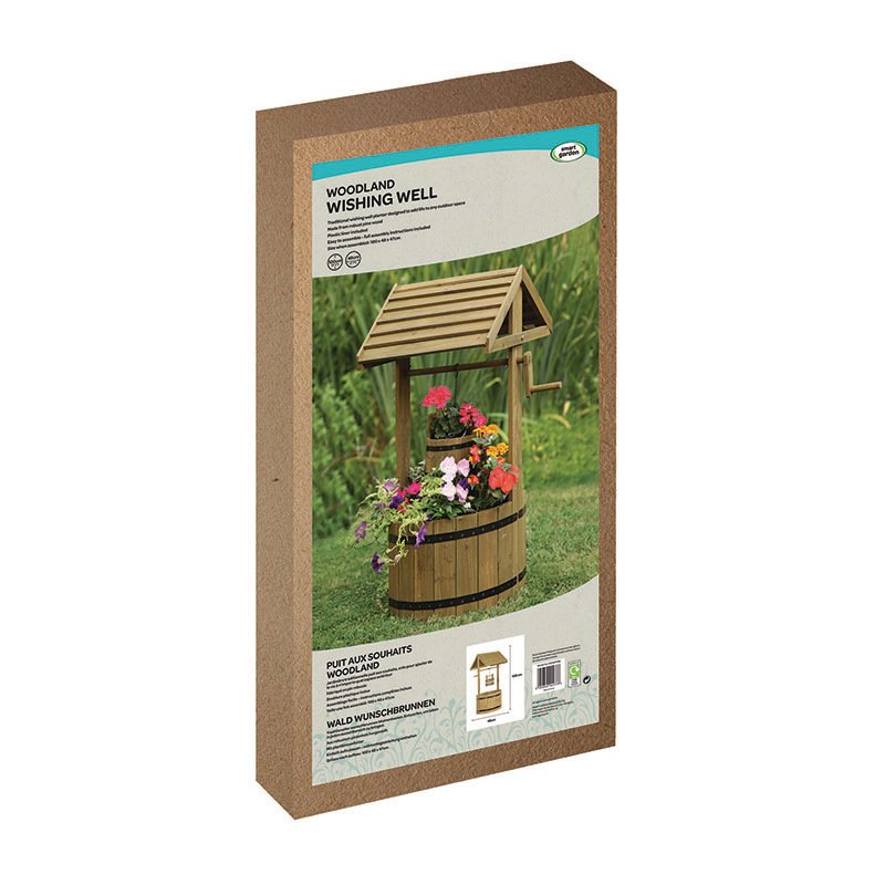 Woodland Wishing Well wooden garden planter with pitched roof, featuring colorful flowers in natural wood finish, displayed in packaging box with product label and grass background