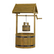 Wooden wishing well with pitched roof, featuring natural wood construction with metal bands around the barrel base and suspended bucket, complete with hand crank mechanism, 1 metre height