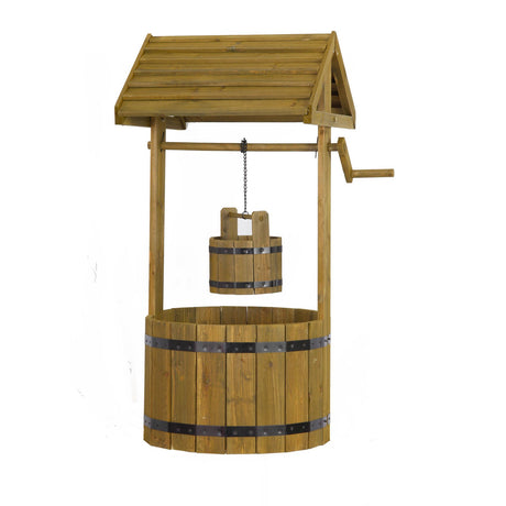 Wooden wishing well with pitched roof, featuring natural wood construction with metal bands around the barrel base and suspended bucket, complete with hand crank mechanism, 1 metre height
