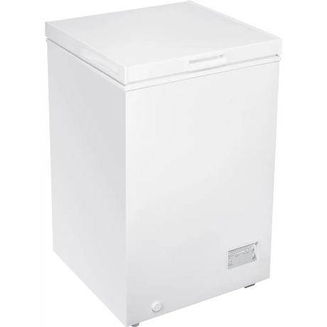 White Beko chest freezer model CF4098W with 98 litre capacity, featuring a hinged lid and control panel on the front