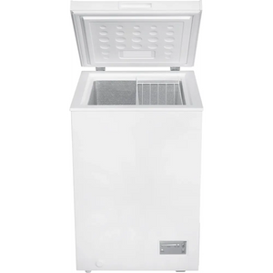 White Beko chest freezer model CF4098W with 98 litre capacity, open lid showing interior storage baskets and insulated compartment, front-mounted control panel, top-view product photograph