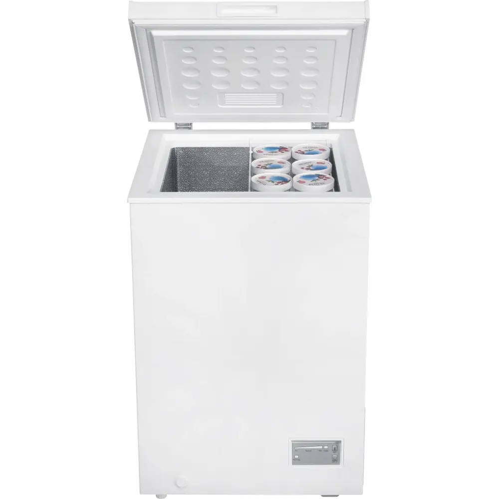 White Beko chest freezer model CF4098W with open lid showing interior storage compartments, ice pack and frozen food items