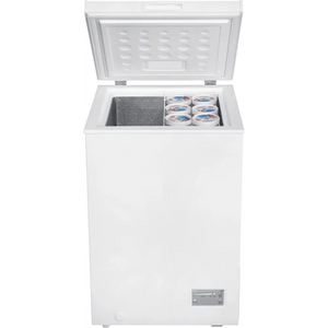 White Beko chest freezer model CF4098W with open lid showing interior storage compartments, ice pack and frozen food items