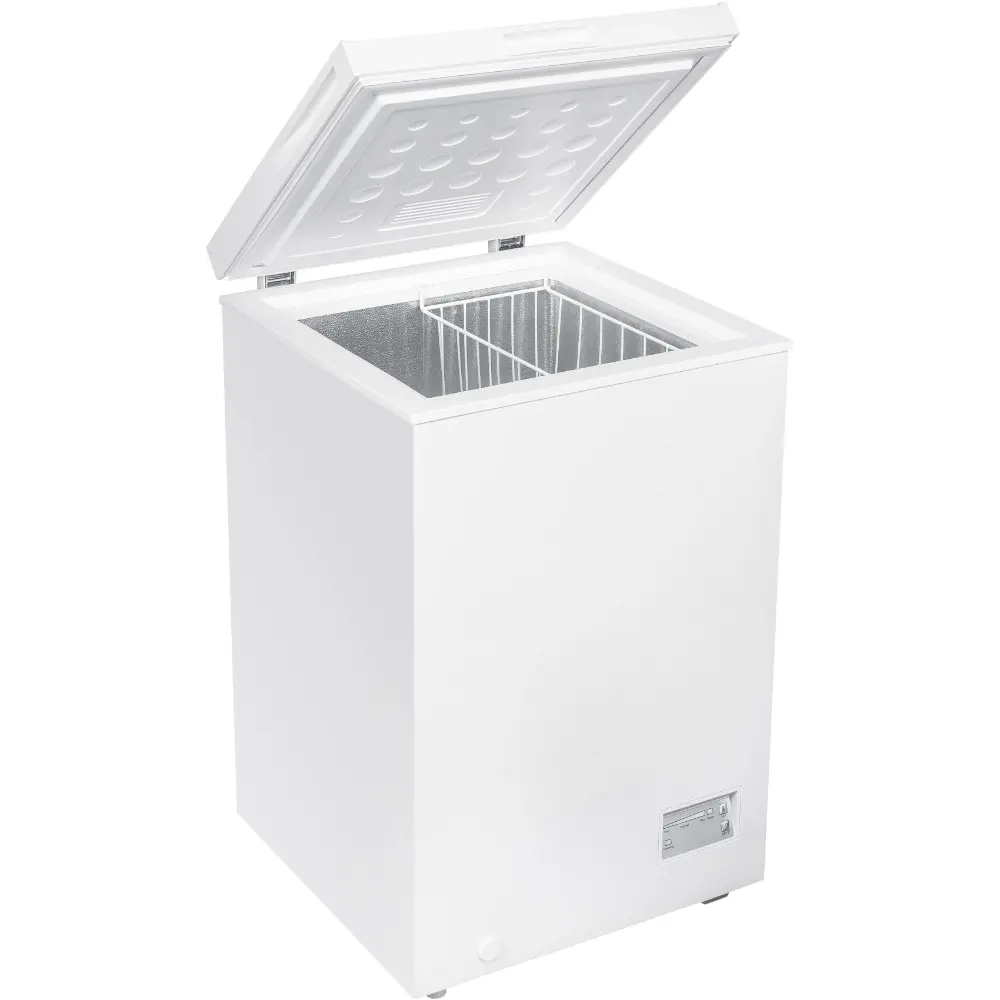 White Beko CF4098W chest freezer with open lid showing interior wire basket and grey insulation, 98 litre capacity