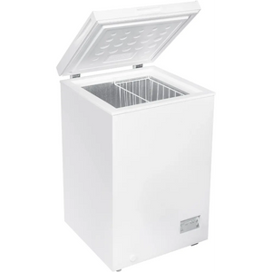 White Beko CF4098W chest freezer with open lid showing interior wire basket and grey insulation, 98 litre capacity