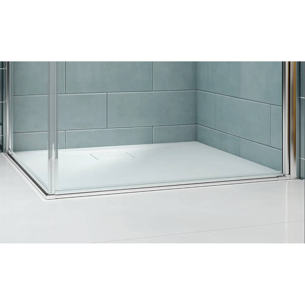 Merlyn 8 Series frameless pivot shower door with chrome finish, white acrylic base tray, and grey metro tile walls, showing 760mm to 1000mm width configuration