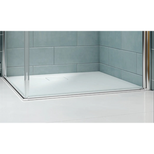 Merlyn 8 Series frameless pivot shower door with chrome finish, white acrylic base tray, and grey metro tile walls, showing 760mm to 1000mm width configuration