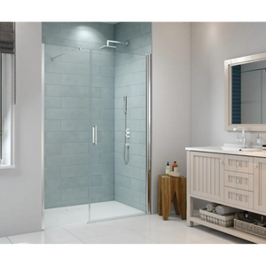 Merlyn 8 Series frameless pivot shower door in chrome finish installed in modern bathroom with light blue subway tile walls, white vanity with timber accents, and contemporary fixtures
