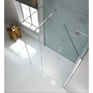 Merlyn 8 Series frameless pivot shower door with chrome hardware installed in modern bathroom with white floor tiles, frosted glass panel, and wooden stool accessory