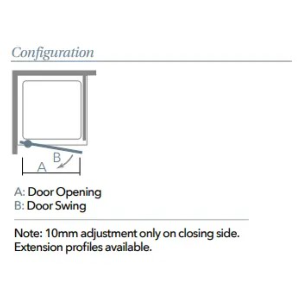 Configuration diagram for Merlyn 8 Series frameless pivot shower door showing door opening width A and door swing radius B with adjustment specifications and chrome finish details