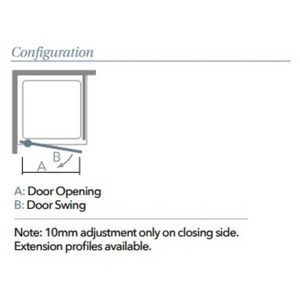 Configuration diagram for Merlyn 8 Series frameless pivot shower door showing door opening width A and door swing radius B with adjustment specifications and chrome finish details
