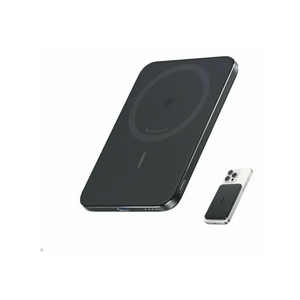 Anker Nano 5000mAh slim power bank in black with MagSafe attachment shown next to iPhone for size comparison