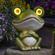 Smart Solar Garden Ornament featuring a green and cream painted frog statue with glowing yellow LED eyes, sitting among purple flowers and yellow foliage in a garden setting