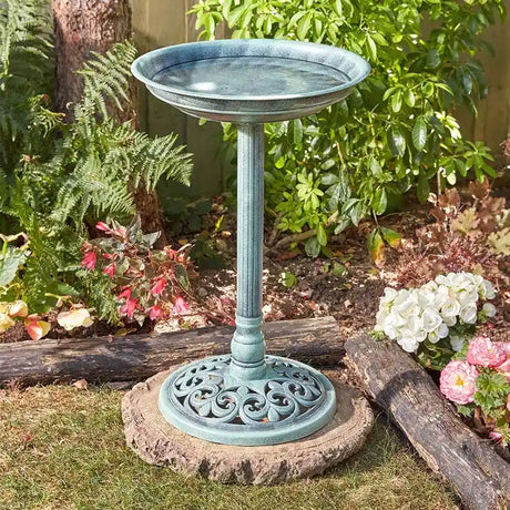 Verdigris bird bath with shallow bowl basin and ornate pedestal base featuring decorative scrollwork, positioned in a garden setting surrounded by flowering plants, ferns and greenery