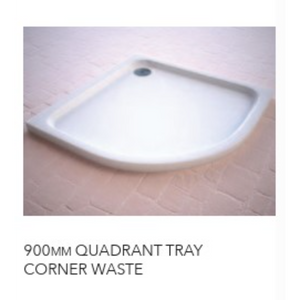 White ceramic 900mm quadrant shower tray with corner waste outlet displayed at an angle on beige tiled floor