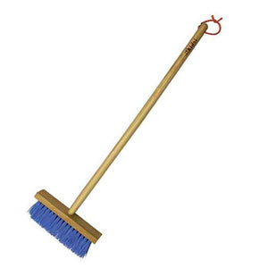 Smart Garden children's sweeping brush with wooden handle and blue bristles, featuring a red loop handle detail