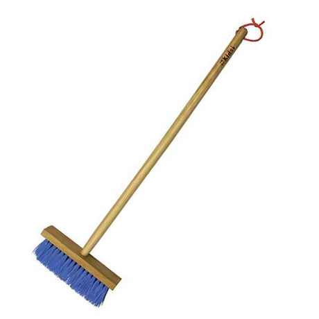 Smart Garden children's sweeping brush with wooden handle and blue bristles, featuring a red loop handle detail