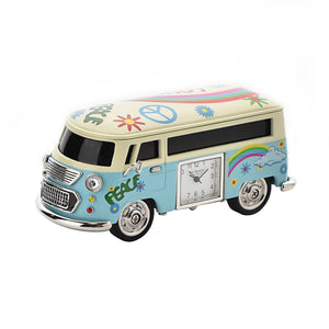 Blue and cream vintage camper van miniature clock with peace symbol, flowers and rainbow design details, chrome wheels and grille, featuring a square clock face on the side