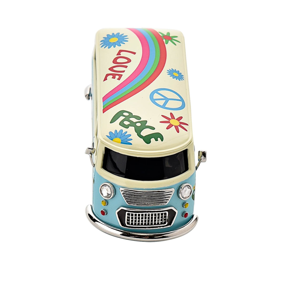 Widdop miniature clock shaped like a blue and cream camper van with love and peace decorations on the roof, featuring a round clock face on the front grille