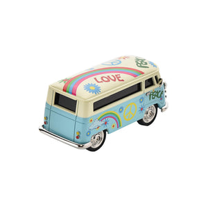 Decorative blue and cream miniature camper van clock with peace signs, rainbows, flowers and love text in retro hippie style design