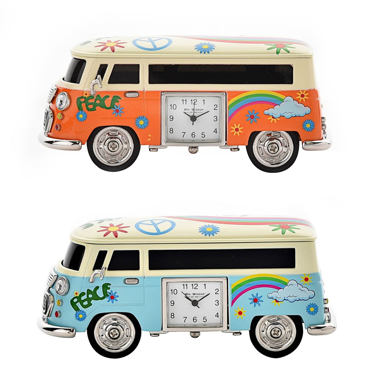 Widdop miniature camper van clock in blue and cream with peace symbols and flowers, featuring working clock face and chrome wheels, shown from side profile view