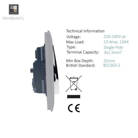 Trendi Single Switched Socket 1 Gang 13 Amp - Silver | 9100-81