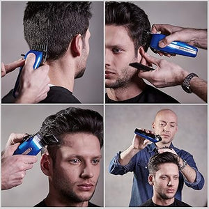 Collage of a person using a hair trimmer on another person's head.