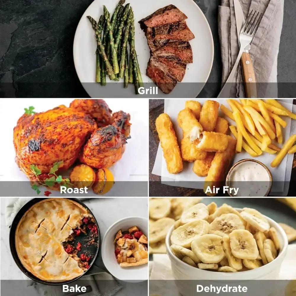 Ninja 5 in 1 Grill and Air Fryer EG351UK product demonstration showing five cooking methods: grilled steak with asparagus, roasted spiced chicken with potatoes, air fried golden chips and nuggets with dipping sauce, baked fruit pie in black skillet, and dehydrated banana chips in white bowl