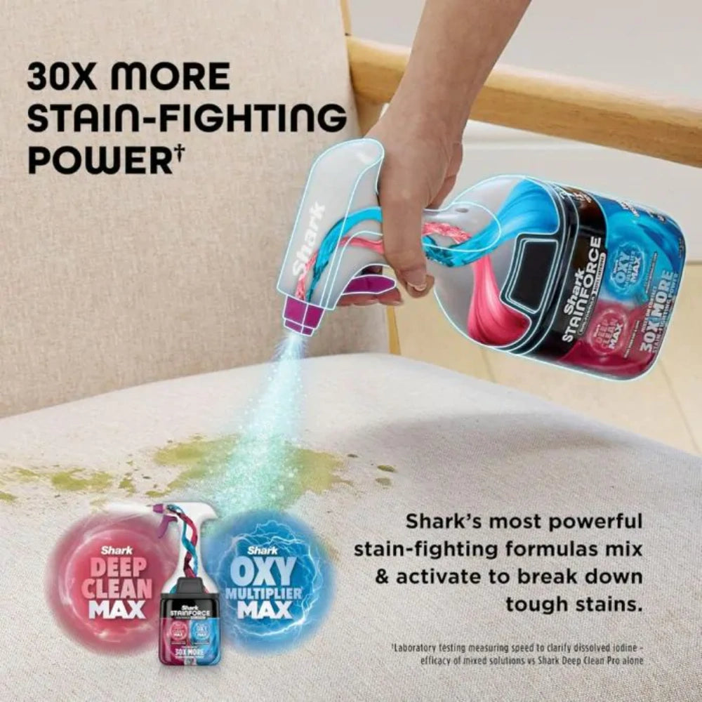 Shark cleaning product being used on a surface with text highlighting stain-fighting power.