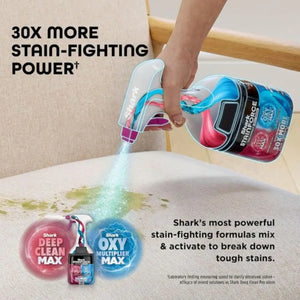 Shark cleaning product being used on a surface with text highlighting stain-fighting power.