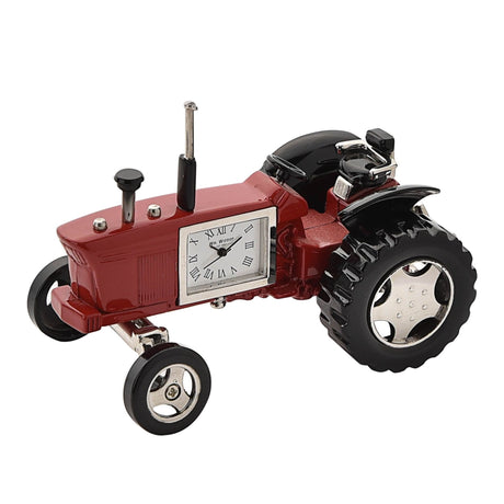 Widdop miniature red and black tractor clock with Roman numeral dial, featuring detailed metal wheels and working timepiece on the side panel