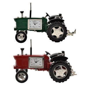 Widdop miniature clock tractor in green and red with black tires, featuring Roman numeral clock face and metal wheels, displayed in side view against white background