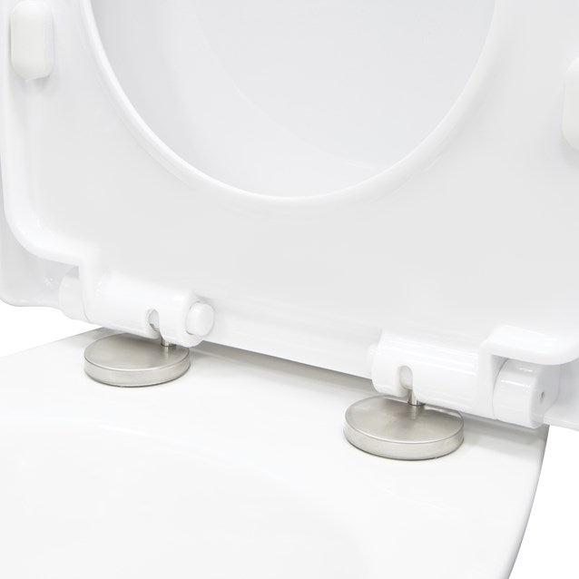 White D-shaped quick release soft close toilet seat with stainless steel hinges shown from above detail view