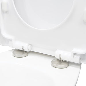 White D-shaped quick release soft close toilet seat with stainless steel hinges shown from above detail view