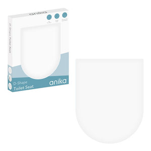 Anika D-shaped white soft close quick release toilet seat with packaging box displayed on white background