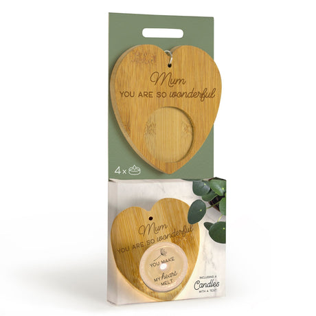 Heart-shaped wooden product with engraved text in a green and white packaging