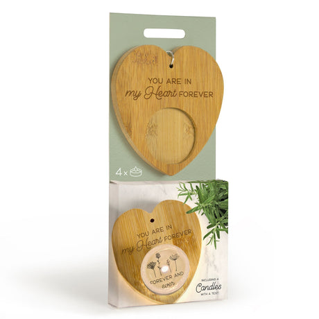 Heart-shaped wooden product with engraved text in packaging on a white background