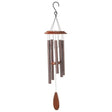 Concerto garden wind chime with wooden top and bottom accents, multiple bronze metal tubes suspended from strings, hanging S-hook, outdoor decoration against white background