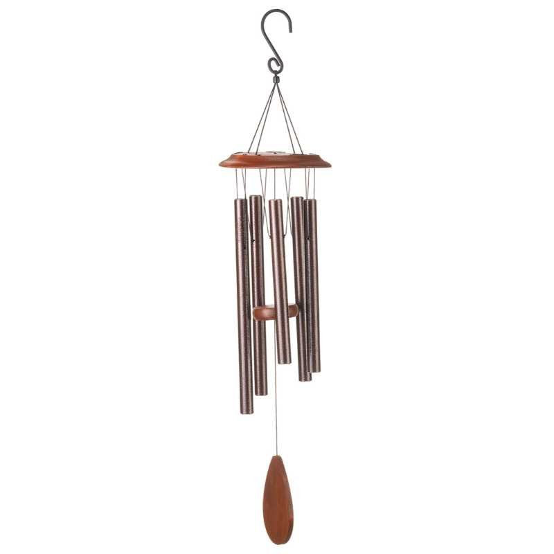 Concerto garden wind chime with wooden top and bottom accents, multiple bronze metal tubes suspended from strings, hanging S-hook, outdoor decoration against white background