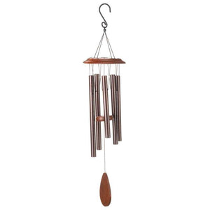 Concerto garden wind chime with wooden top and bottom accents, multiple bronze metal tubes suspended from strings, hanging S-hook, outdoor decoration against white background