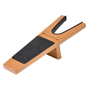 Wooden boot jack with black rubber grip pad and curved handle for removing boots, featuring natural wood finish and brand text on top surface