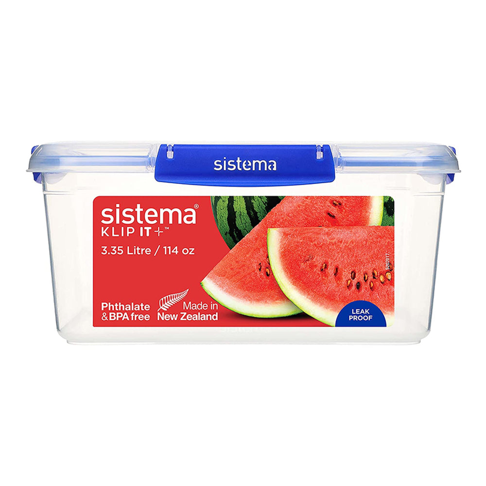 Sistema Klip It Plus rectangular food storage container 3.35 litre with blue clip-lock lid, clear plastic body, featuring watermelon image on red label, phthalate and BPA free, made in New Zealand, leak proof design