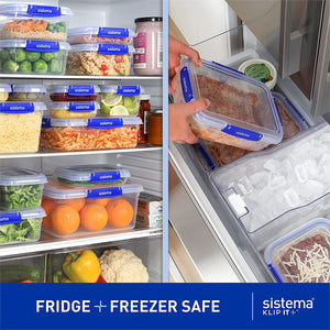 Sistema Klip It Plus rectangular food storage containers with blue lids organized in a refrigerator and freezer, showing various foods including vegetables, pasta, meat and prepared meals demonstrating fridge and freezer safe storage