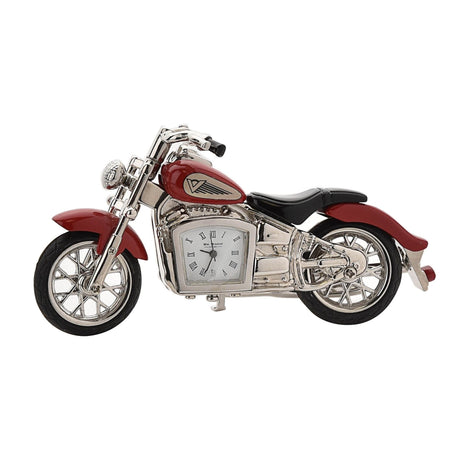 Motorcycle-shaped clock with red and black design on a white background